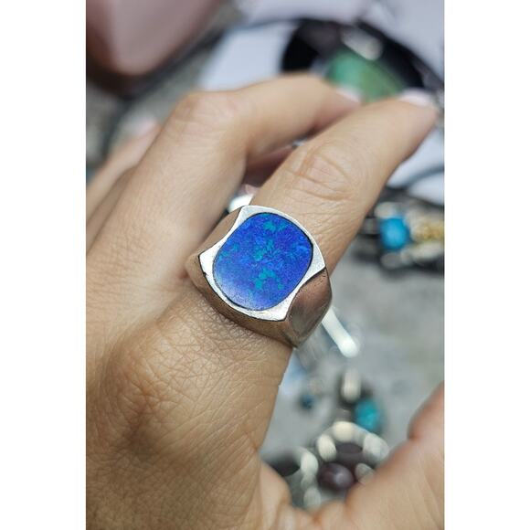 Vintage Sterling Silver Azurite Signet Ring Modernist Mexico 1970s - Picture 3 of 5